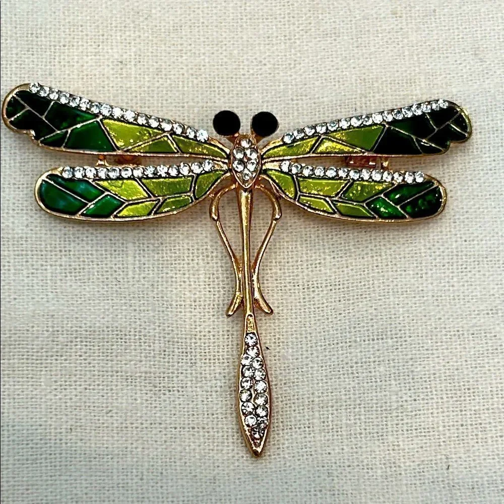 Green and Gold enamel and crystals Dragonfly Brooch